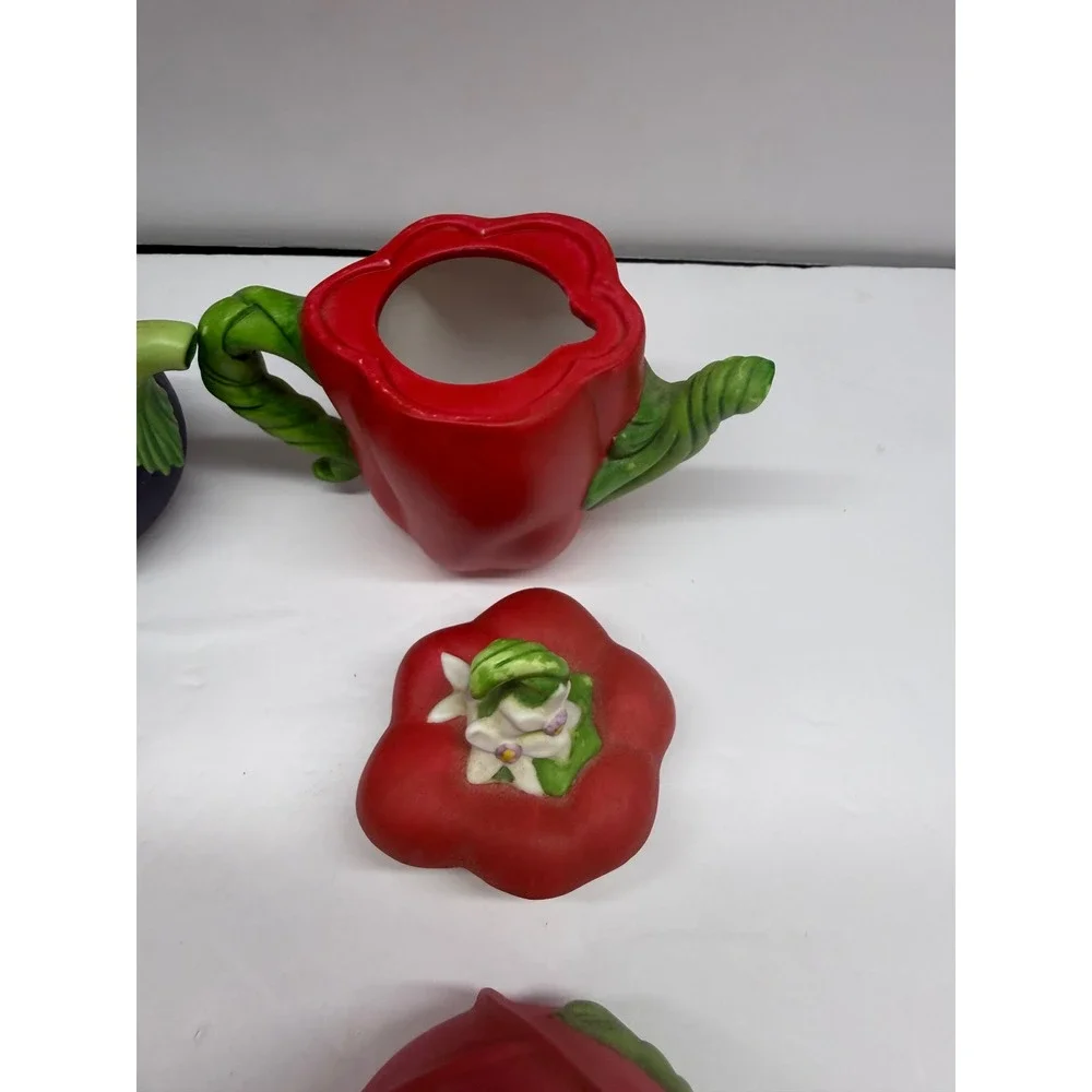 Miniature Ceramic Teapot Set of 6 Vegetable and Flower Garden Collectibles